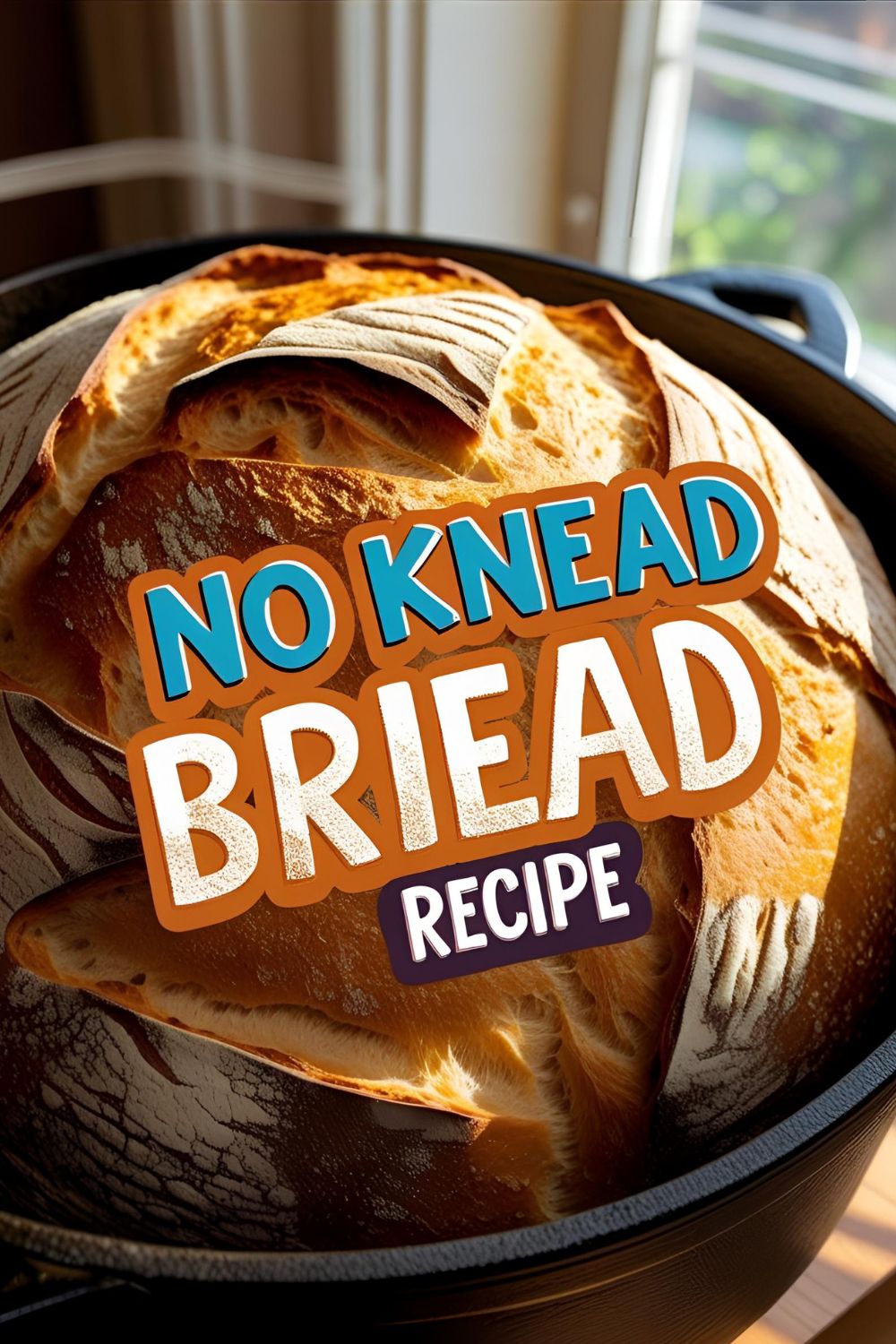 Golden crusty no knead bread loaf torn open on rack